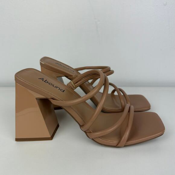 Abound Womens Strappy Slip-On Slide Faux Leather Block Heel Beige Sandals 6.5M - Picture 1 of 9